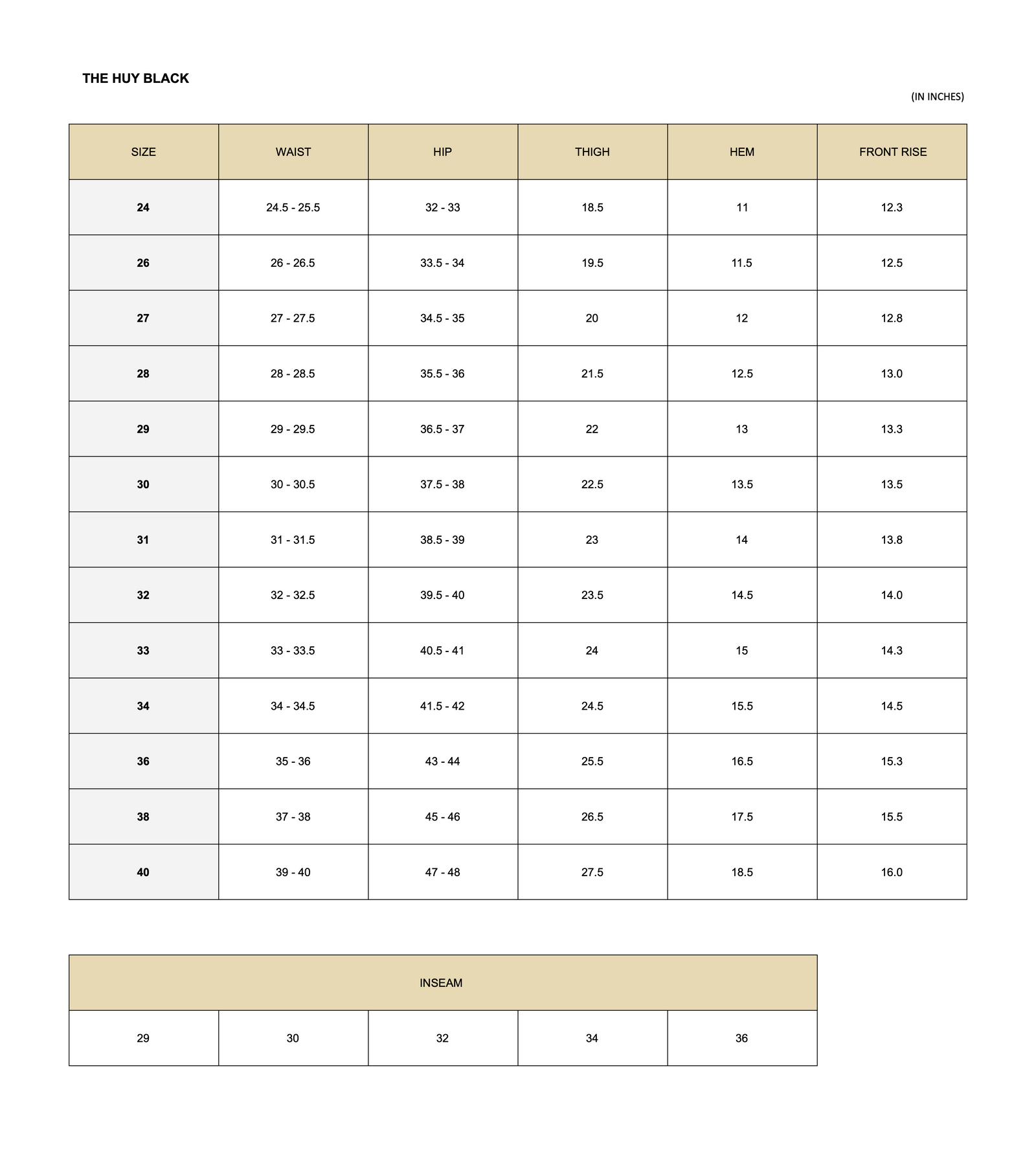 SIZE CHART