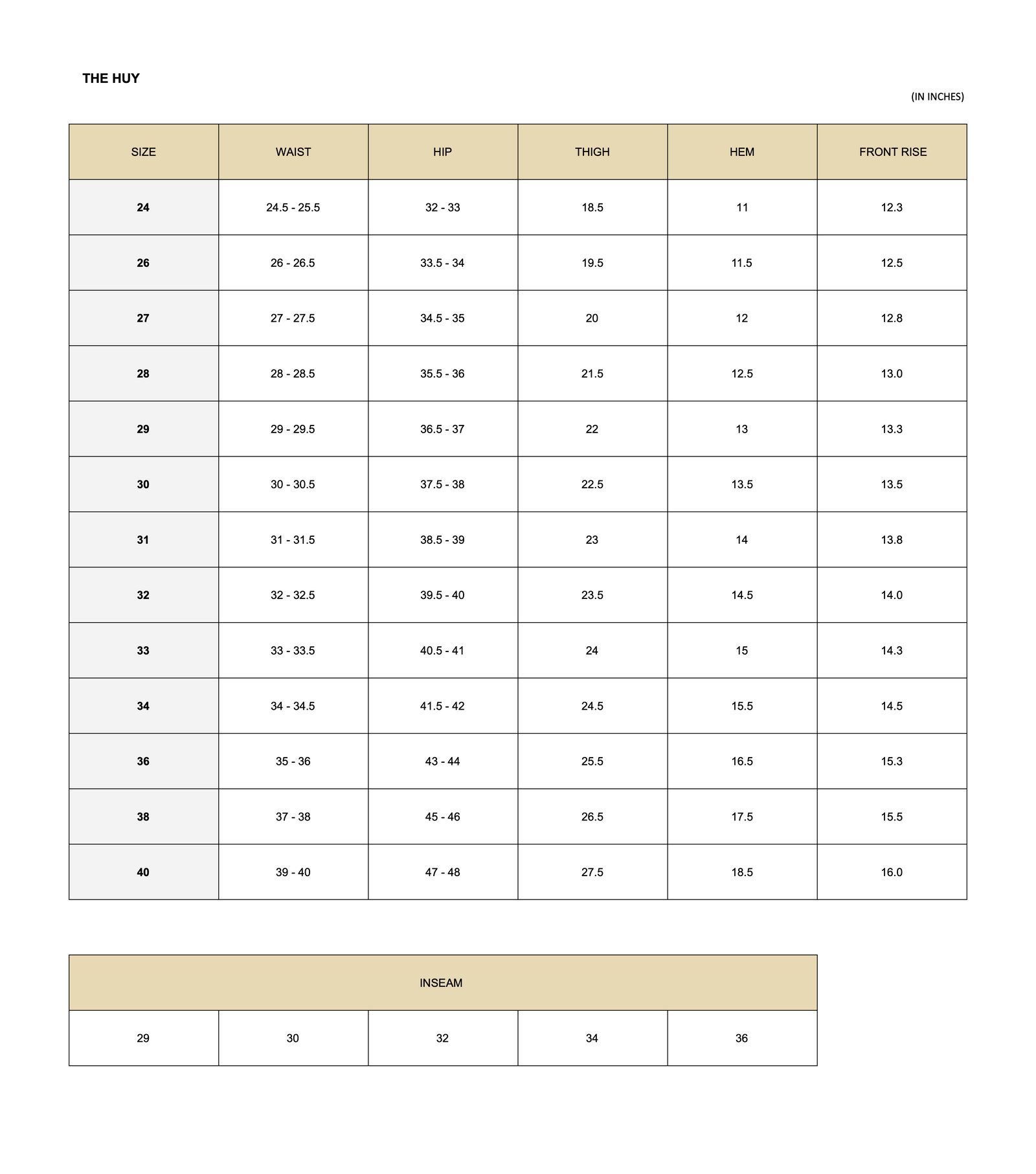 SIZE CHART