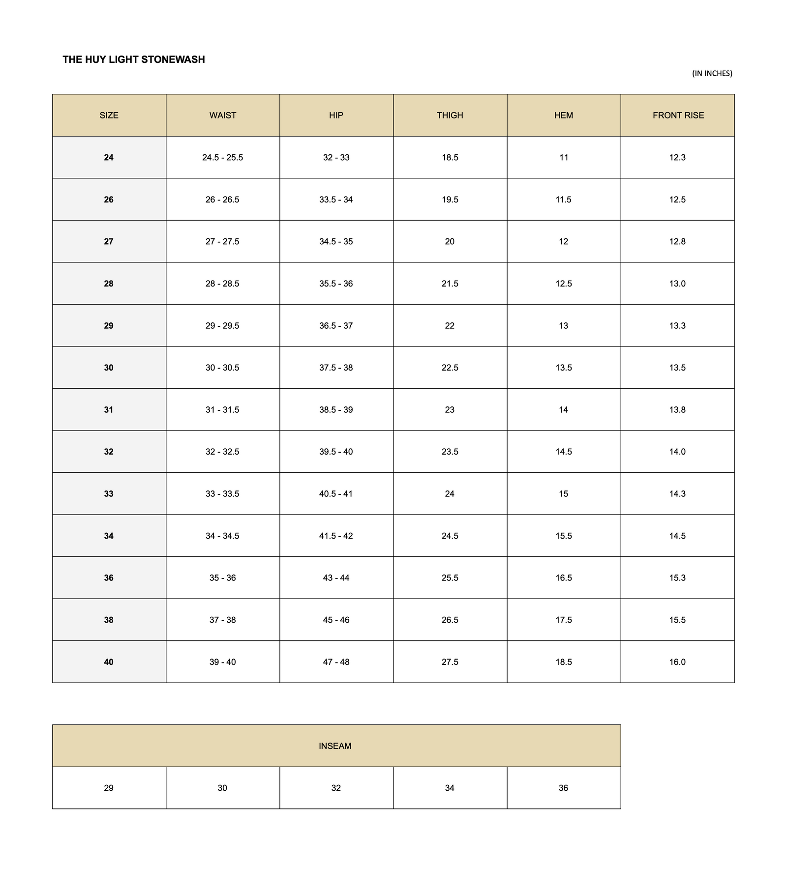 SIZE CHART