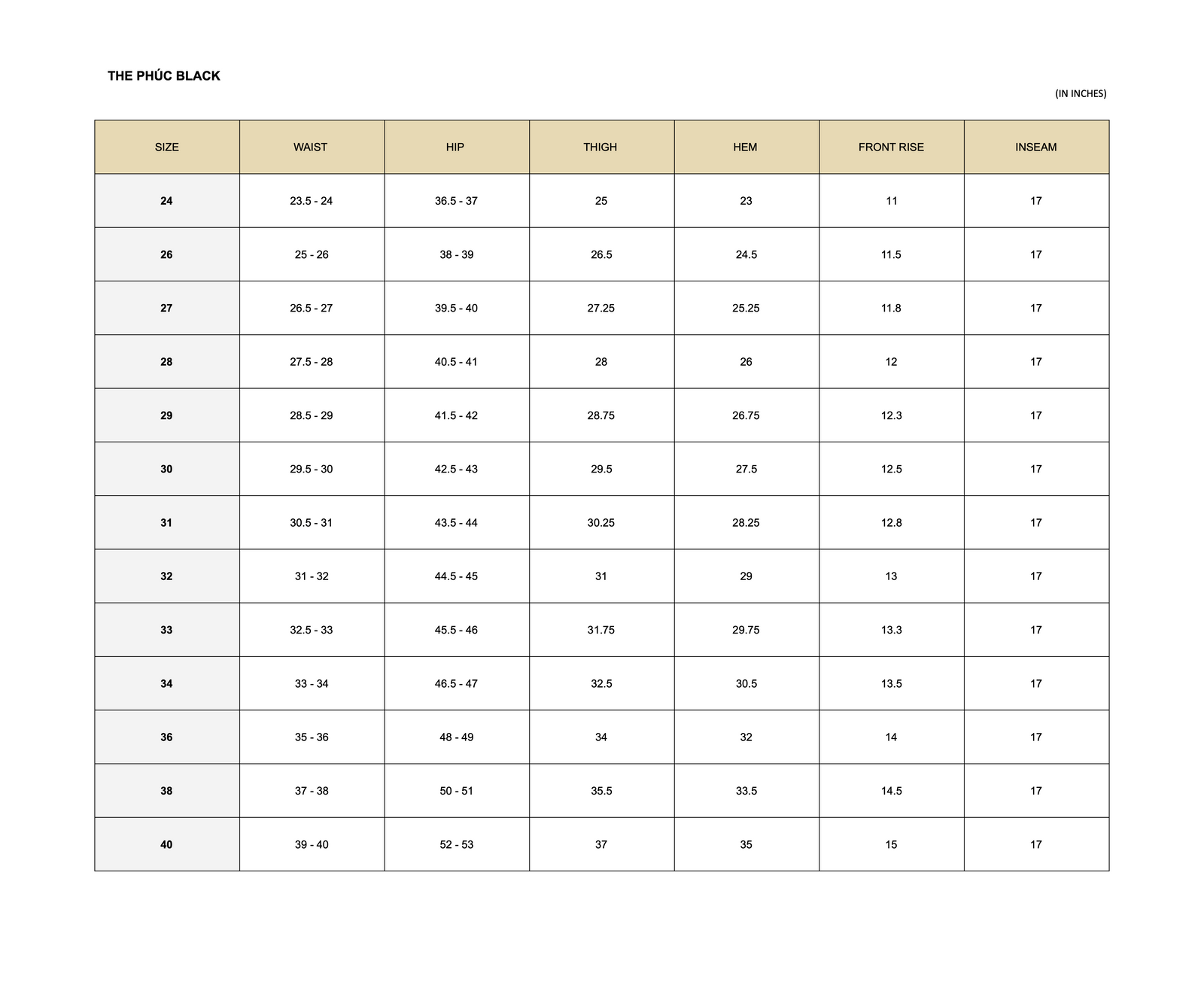 SIZE CHART